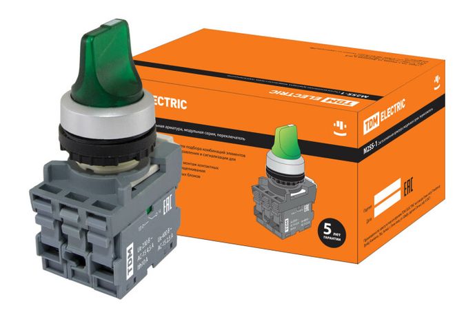 Переключатель на 3 положения с фиксацией M3SS1-21G короткая ручка(LED) d22мм/220B 1з+1р зеленый | SQ0747-0075 TDM