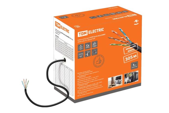 Кабель витая пара U/UTP Cat 5e 4х2х24AWG (305м) solid, PE, чёрный | SQ0107-0105 TDM ELECTRIC