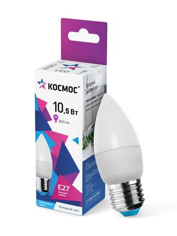 Лампа светодиодная LED 10.5Вт Свеча 220В Е27 D37х100 6500К холодный 840 лм - LkecLED10.5wCNE2765 Космос