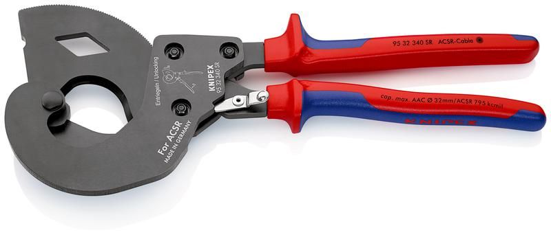 "KNIPEX Кабелерез для сталеалюминиевого провода ACSR c храповым механизмом (трещоткой), рез: кабель 32 мм (MCM 477, 1 1/4""), L-340 мм, чёрный, 2-компонентные рукоятки, экстремально прочная конструкция, KN-9532340SR"