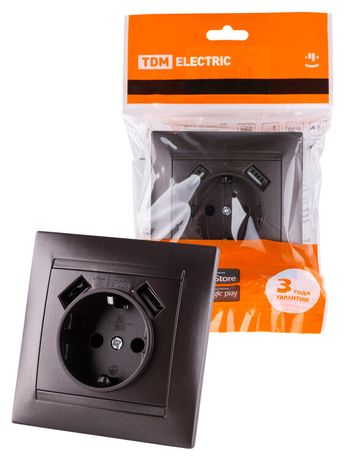 Розетка 2П+З 16А 250В + 2 USB порта 2,1А 5В шоколад "Лама" | SQ1815-0542 TDM