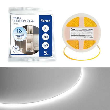 Лента светодиодная 400SMD(2110)/ 7Вт/м 12V 5000*3*1.8мм 6500K, IP20, LS630 FERON | 48949