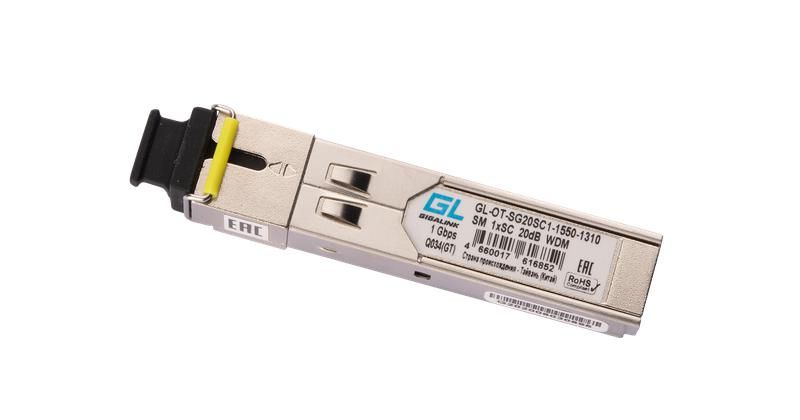 Модуль SFP WDM 1Гбит/с одно волокно SM SC Tx:1550/Rx:1310нм 20дБ до 40км DDM GIGALINK GL-OT-SG20SC1-1550-1310