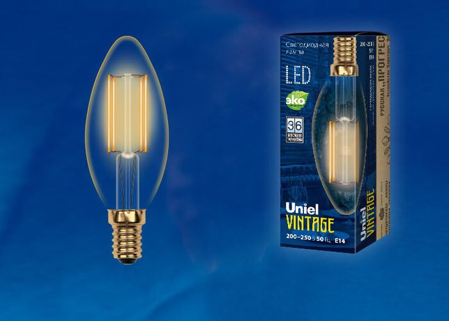 Лампа светодиодная LED-C35-5W/GOLDEN/E14 GLV21GO Vintage форма "свеча" зол. колба упак. картон Uniel UL-00002396