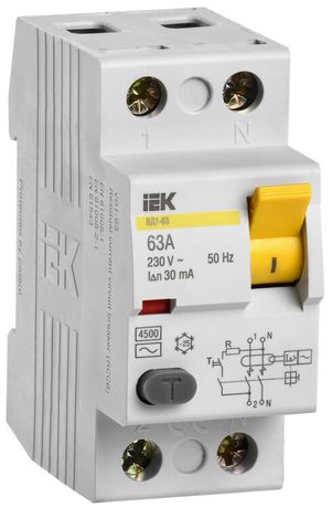 Выключатель дифференциальный (УЗО) ВД1-63 2п 63А 30мА тип AC | MDV10-2-063-030 IEK