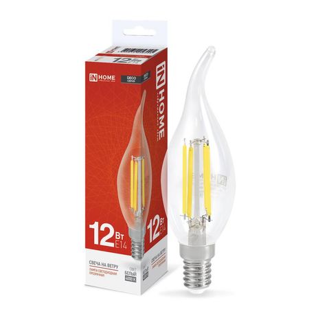 Лампа светодиодная филаментная LED-СВЕЧА НА ВЕТРУ-deco свеча ветру прозрачная 12Вт 230В E14 4000К 1350лм IN HOME 4690612056005