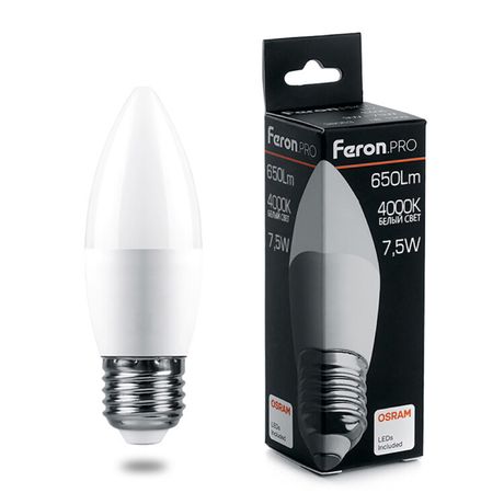 Лампа светодиодная .PRO LB-1307 Свеча E27 7.5W 4000K OSRAM LED | 38057 Feron