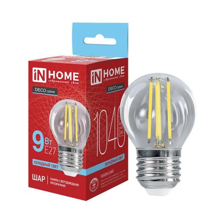 Лампа светодиодная LED-ШАР-deco 9Вт шар прозрачная 6500К E27 1040лм 230В IN HOME 4690612067049 IN HOME арт. 4690612067049