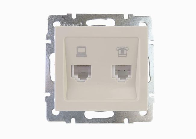 Розетка компьютерная + телефонная 2-м СП Rain RJ45 RJ11 16А IP20 механизм крем. LEZARD 703-0388-143