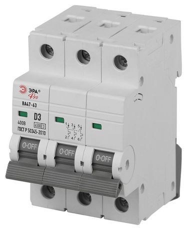 Автоматический выключатель PRO VA63-3P03D4.5 ВА47-63 3P 3А кривая D 4,5кА | Б0059470 ЭРА