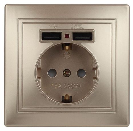 Розетка Intro Plano 1-410-04 с заземлением 2P+E Schuko со шторками, 16А-250В + 2хUSB 5В-2,1А, IP20, СУ, шампань | Б0053945 ЭРА