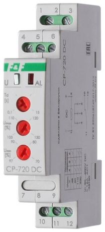 Реле напряжения CP-720DC (однофазное; контроль верхнего и нижнего значений напряжения; выбор контролир. сети; 1 модуль 30-400В DC 16А 1NO/NC IP20) F&F EA04.009.012 Евроавтоматика