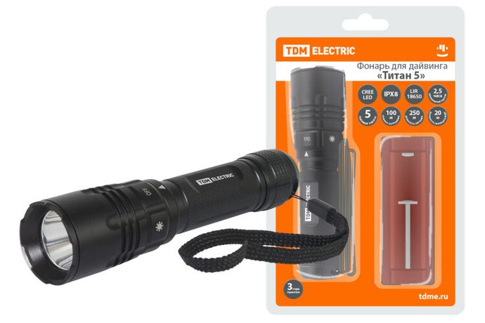 Фонарь налобный «Титан 5» для дайвинга, 10 Вт CREE 800 лм, 1х18650 3.7 В 2600 мА*ч, IPX8, до 100 м, | SQ0350-0065 TDM