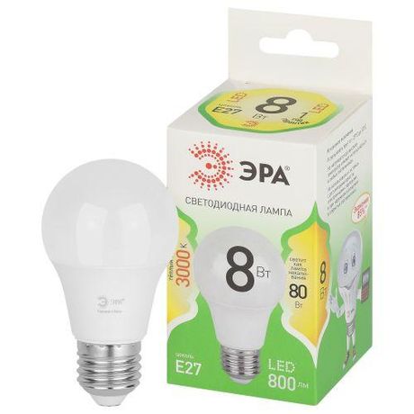 Лампа светодиодная LED 8 Вт 800Лм 3000К груша теплый E27 220-240В A60-8W-830-E27 Green Line - Б0067105 ЭРА