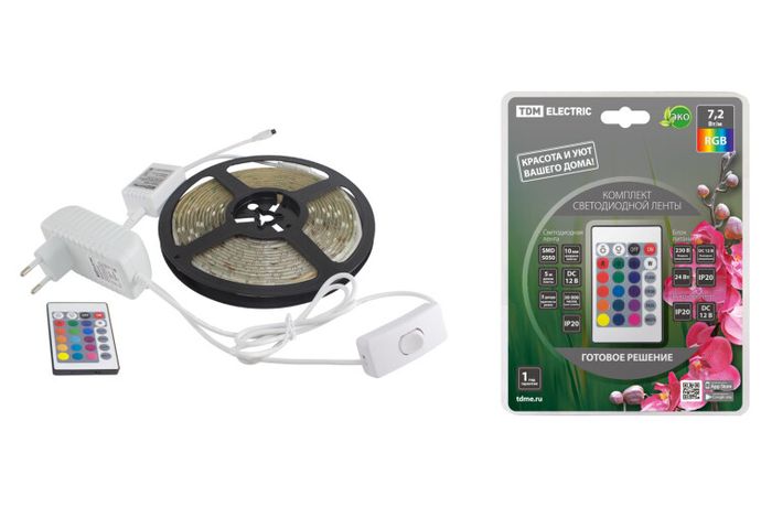 Комплект светодиодной ленты SMD5050-30 LED/м-12 В-7,2 Вт/м-IP65-RGB (5 м), 24 Вт, IR-контроллер | SQ0331-0235 TDM