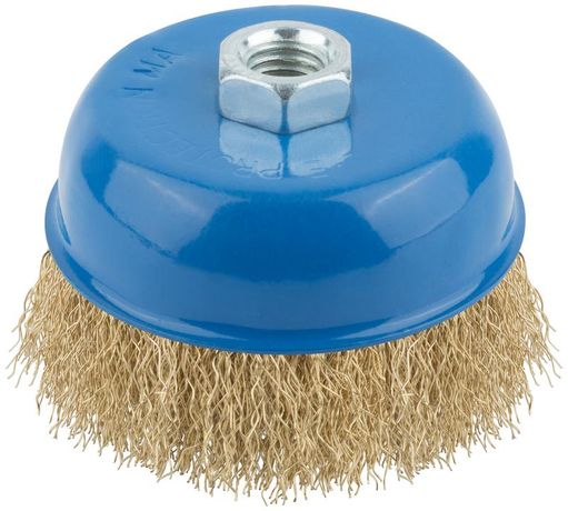 Корщетка тип "чашка" гайка М14 стальная латунированная волнистая проволока 100мм MOS 38943М