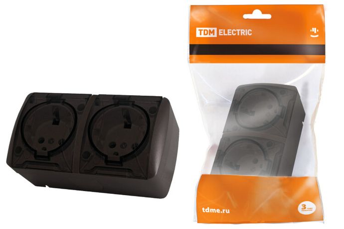 Розетка двойная 2П+3 открытой установки IP54 16А с прозрачной крышкой шоколад "Селигер" | SQ1818-0209 TDM