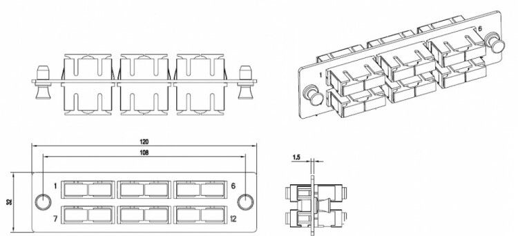 Панель FO-FPM-W120H32-6DSC-BL для FO-19BX с 6 SC (duplex) адаптерами, 12 волокон, одномод, 120x32 мм, адаптеры цвета синий (blue) | 54246 Hyperline