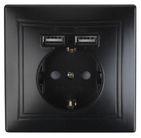 Розетка Intro Plano 1-410-05 с заземлением 2P+E Schuko со шторками, 16А-250В + 2хUSB 5В-2,1А, IP20, СУ, антрацит | Б0053946 ЭРА