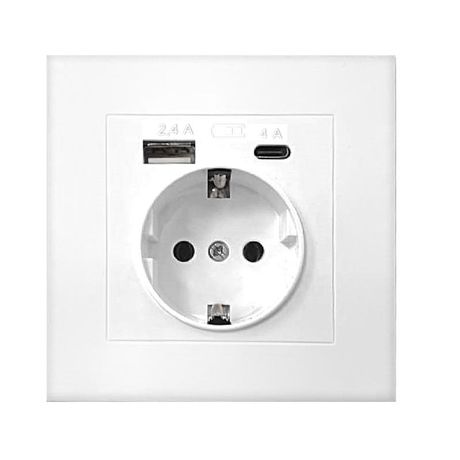 Розетка СП Афина 16А с заземл. 2-мя заряд. устр. USB 5В тип А(2.4А)+С(4А) в сборе бел. Universal А0056 Союз