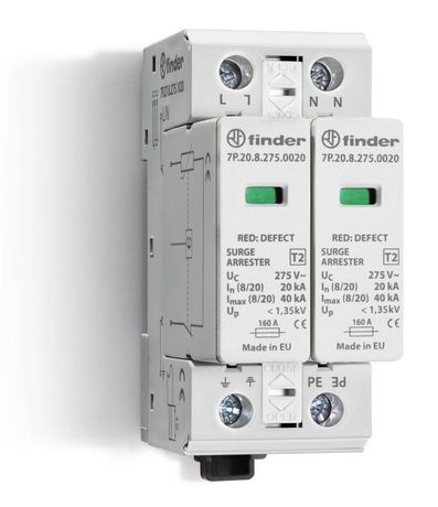 Устройство защиты от импульсных перенапряжений УЗИП тип 2 (2 варистора); модульный, ширина 35мм; степень IP20 | 7P2782751020 Finder 7P.27.8.275.1020