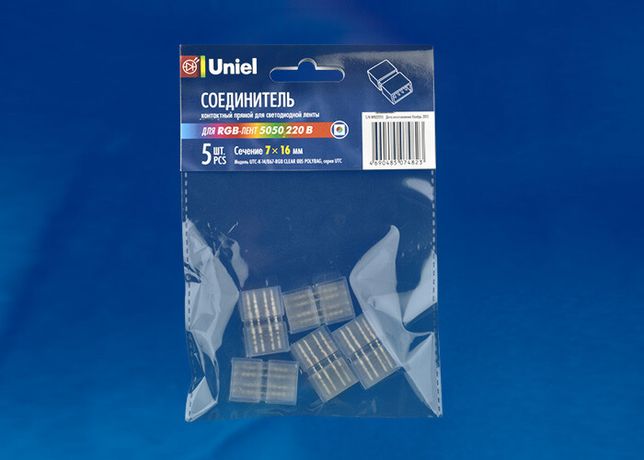 Соединитель контактный UTC-K-14/B67-RGB CLEAR 005 POLYBAG прямой для светодиодных лент 220В 5050 RGB, 4 контакта, цвет прозрачный, 5 штук в пакете - 10826 Uniel