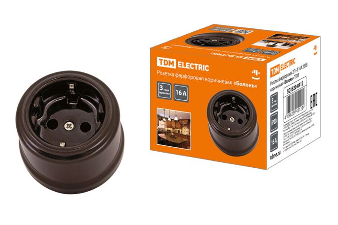 Розетка фарфоровая 2П+З 16А 250В коричневая «Болонь» | SQ1820-0412 TDM