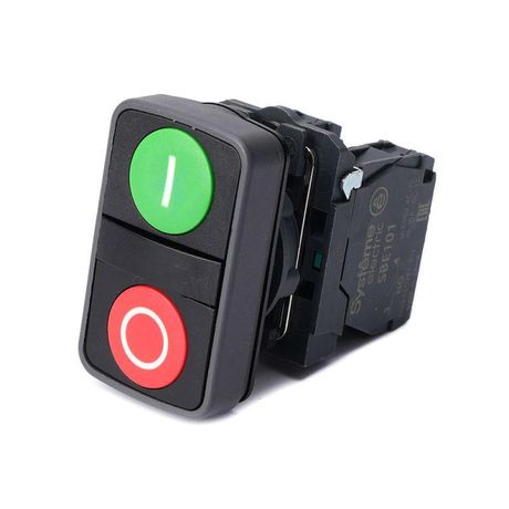 Кнопка двойная SB5 в сборе модуль 22мм зел."I"+красн."O" пластик 1НО+1НЗ SE SB5AA73415 APC
