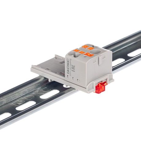 Блок распределительный с верт. адаптером на рейки шириной 15/35мм, зажим push-in, 1 ввод 6 кв.мм, 4 точки подключения 2,5 серый - DTP1-104-104SPUG-V ДКС