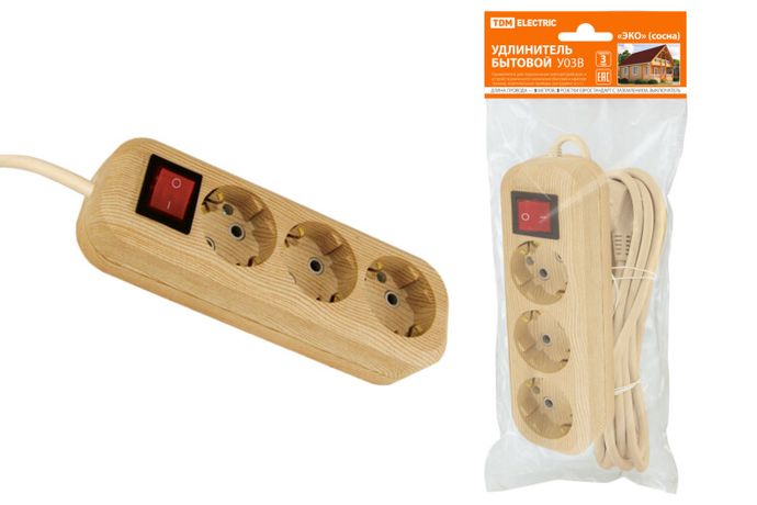 Удлинитель бытовой У03В выключатель, 3 гнезда, 5метров,2П+3, ПВС 3х1мм2 "Эко" (сосна) 16А/250В | SQ1303-2102 TDM