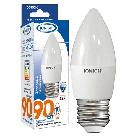 Лампа светодиодная C37 10Вт "Свеча" 6500К Е14 230В холод. бел. IONICH 1801