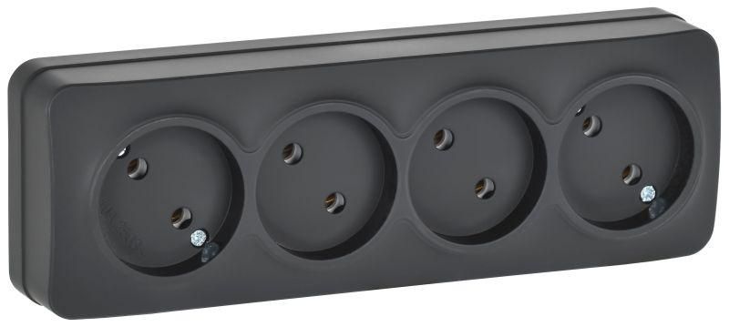 Розетка 4-м ОП GLORY РС24-2-ХЧм 10А без заземл. защ. шторок черн. матов. IEK ERH40-K02M-10