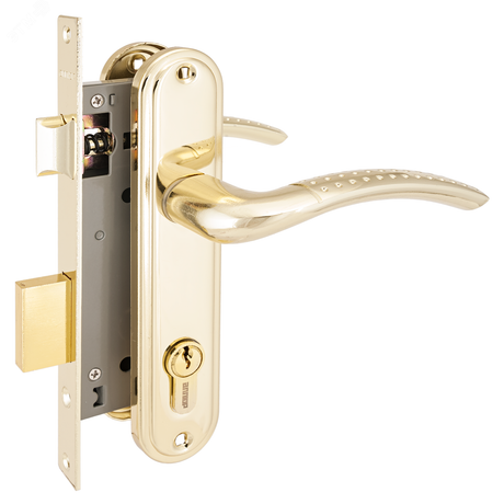 Замок врезной цилиндровый с ручками для деревянных дверей АЛЛЮР 132/1 GP латунь - 1089 ПТК