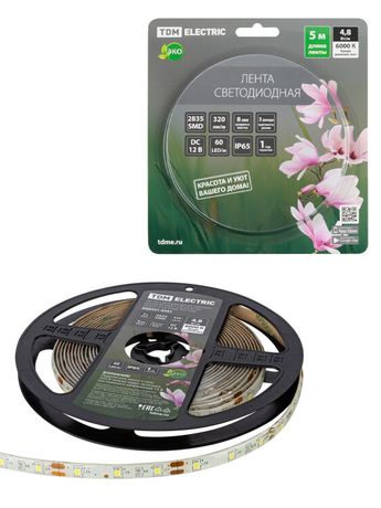 Лента светодиодная SMD2835-60 LED/м-IP65-12 В-4,8 Вт/м-6000 К (5 м) блистер | SQ0331-0341 TDM