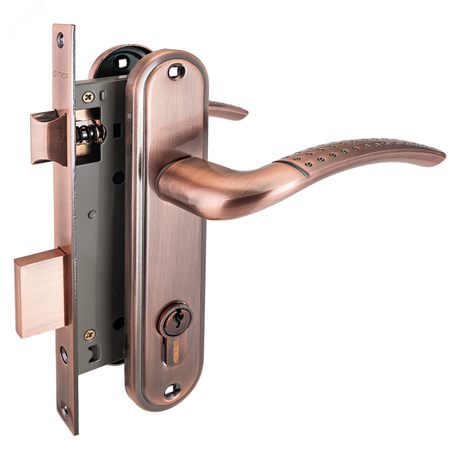 Замок врезной цилиндровый с ручками для деревянных дверей АЛЛЮР 132/1 AC старая медь - 1087 ПТК