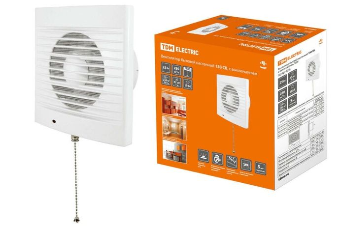 Вентилятор бытовой настенный 150 СВ, с выключателем, | SQ1807-0018 TDM