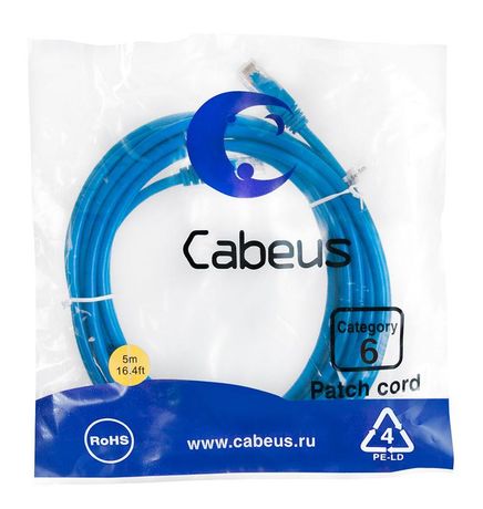 Патч-корд PC-UTP-RJ45-Cat.6-5m-BL U/UTP, категория 6, 2xRJ45/8p8c, неэкранированный, синий, P - 8681c Cabeus