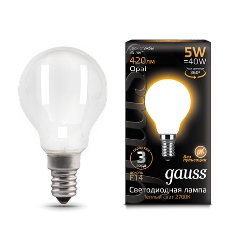 Лампа светодиодная филаментная LED 5 Вт 420 лм 2700К AC150-265В E14 шар P45 теплая матовая колба Black Filament Gauss - 105201105