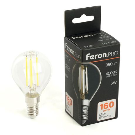 Лампа светодиодная LED 6вт Е14 белый шар FILAMENT Feron.PRO - LB-1706 51257