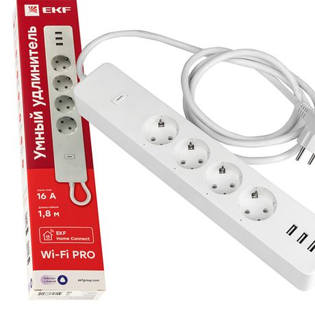 Удлинитель умный 4х1.8м 16А IP20 Connect PRO Wi-Fi 3хUSB с выкл. управлением по PROxima EKF RCE-2-WF