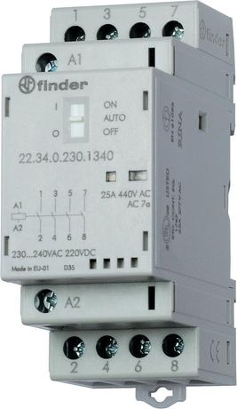 Контактор модульный 2NO+2NC 25А контакты AgSnO2 катушка 120В АС/DC 35мм IP20 переключатель Авто-Вкл-Выкл+механический индикатор/LED - 223401204640 FINDER