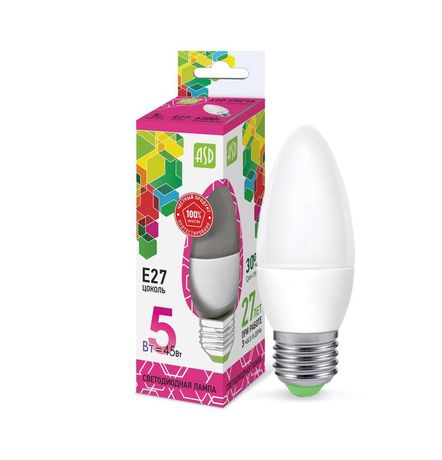 Лампа светодиодная LED-СВЕЧА-standard 5Вт 230В Е27 6500К 450Лм | 4690612034096 ASD
