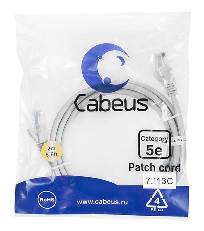 Патч-корд PC-UTP-RJ45-Cat.5e-2m U/UTP, категория 5е, 2xRJ45/8p8c, неэкранированный, серый, PVC, 2м - 7213c Cabeus