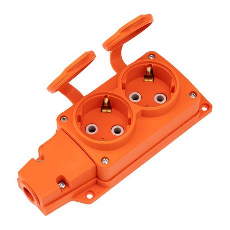 Розетка (колодка) влагозащищенная с крышкой 2 гнезда COMPACT, с/з, 16А, IP54, каучук, оранжевая | 111-226 REXANT MEET REXANT арт. 111-226