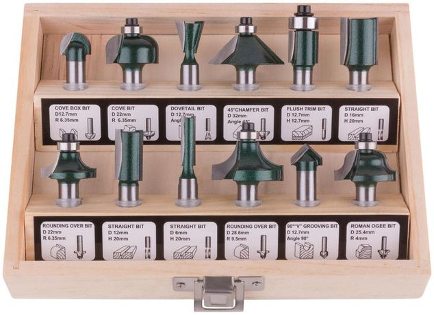 Набор фрез по дереву кромочные 12шт деревян. бокс хвостовик 8мм FIT 36578 РОС