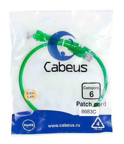 Патч-корд PC-UTP-RJ45-Cat.6-0.5m-GN U/UTP, категория 6, 2xRJ45/8p8c, неэкранированный, зеленый, PVC, 0.5м - 8683c Cabeus