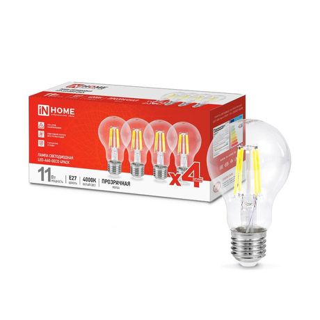 Лампа светодиодная филаментная LED-A60-deco 4PACK 11Вт прозрачная 4000К нейтр. бел. E27 1160лм 230В (уп.4шт) IN HOME 4690612053417 IN HOME арт. 4690612053417