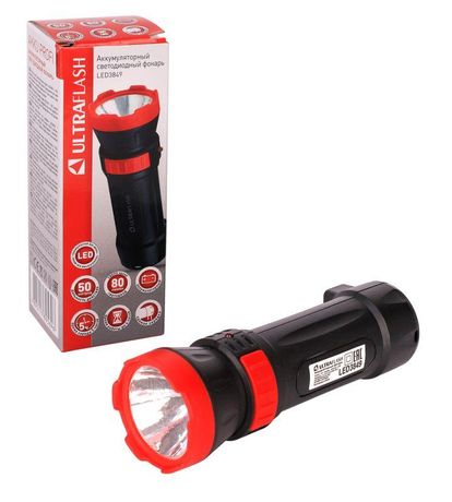 Фонарь аккумуляторный LED3849 1 LED 2 режима 220В аккум. SLA пластик черн. Ultraflash 14931