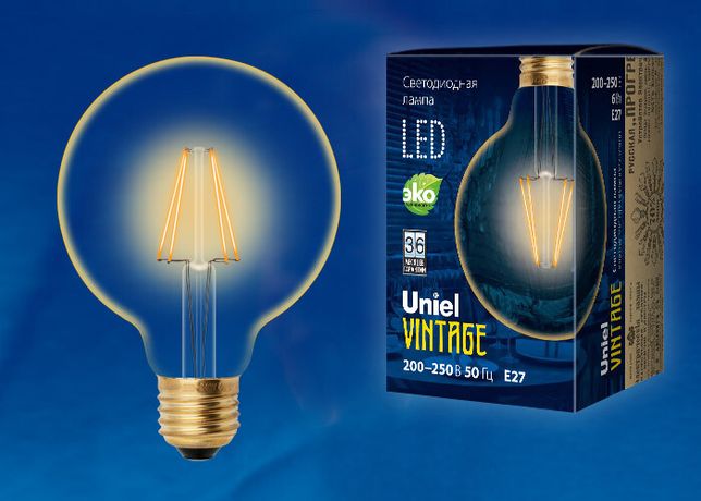 Лампа светодиодная декоративная LED 6вт 220-250В шар G95 510Лм Е27 2250К золотая колба Uniel Vintage - UL-00002359