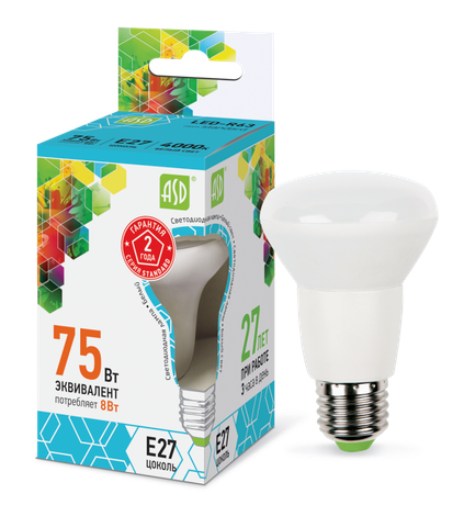 Лампа светодиодная LED-R63-standard 8Вт 4000К белый E27 720лм 160-260В ASD 4690612001593